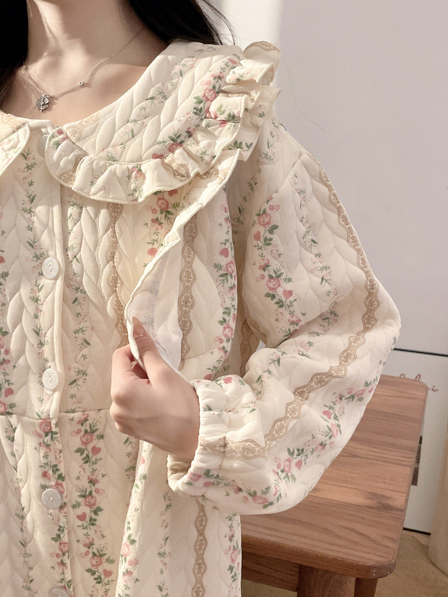 Lunar Clothing Spring and Autumn Air Cotton Thick Postpartum Breastfeeding dress Doll Collar Pregnant Women Pajamas for Outer Wear