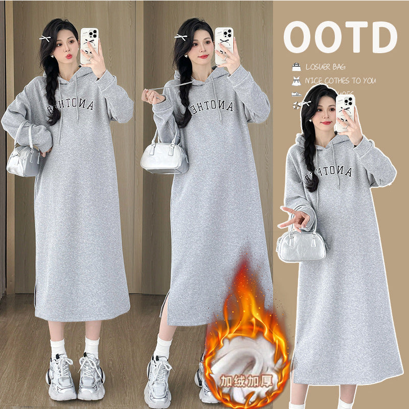Pregnant Women's Loose Pregnant Women's Fashion Autumn and Winter Loose fleece-lined Thickened Sweat Mid-length dress Autumn and Winter Clothes