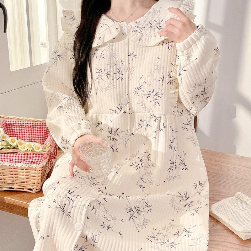 Lunar Clothing Spring and Autumn Air Cotton Thick Postpartum Breastfeeding dress Doll Collar Pregnant Women Pajamas for Outer Wear