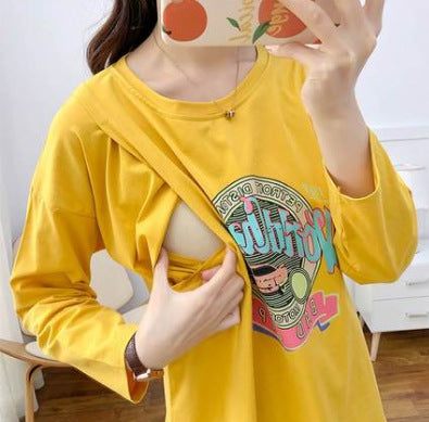 Pregnant Women's Postpartum Breastfeeding Jacket Outer Wear Moon Clothes Long Sleeve Thin T-Shirt Hot Mom's Spring and Autumn Clothes for Breastfeeding Period
