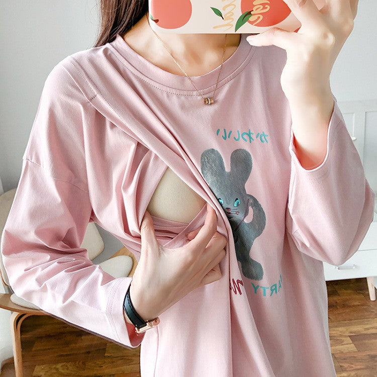 Pregnant Women's Postpartum Breastfeeding Jacket Outer Wear Moon Clothes Long Sleeve Thin T-Shirt Hot Mom's Spring and Autumn Clothes for Breastfeeding Period