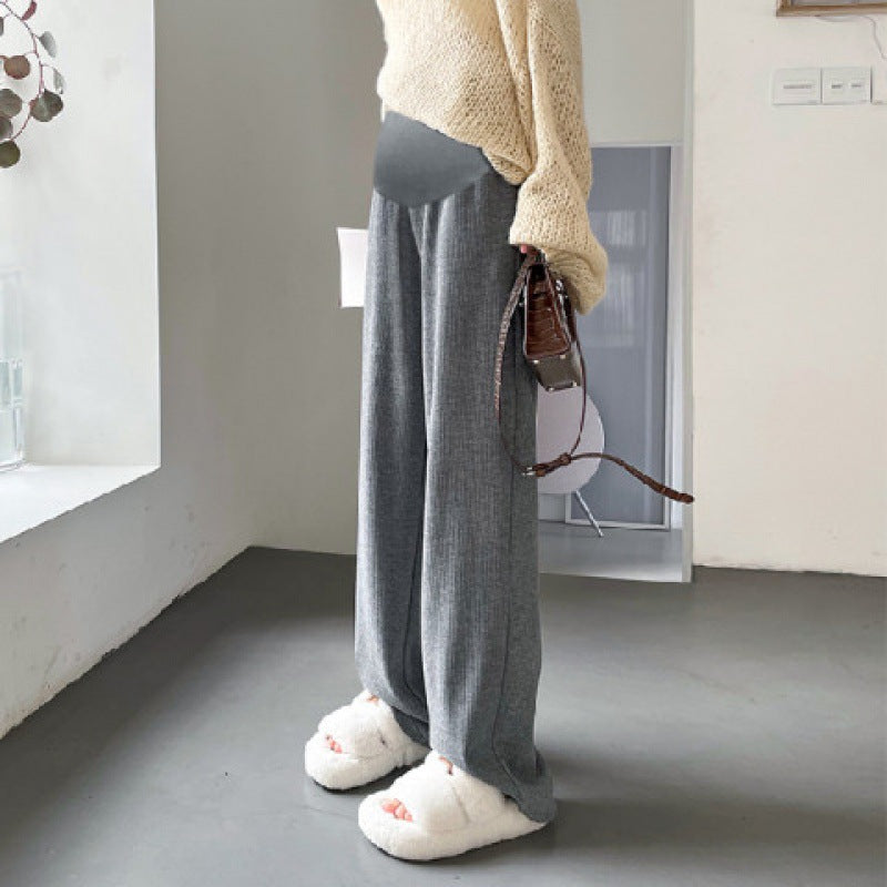Pregnant women's cashmere striped new wide-leg pants chenille autumn and winter drape fleece-lined straight mop pants trousers