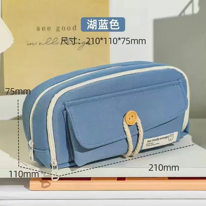 Button Pencil Bag with Good Looks for Girls, Large Capacity, Simple Ins Student Creative Canvas Stationery Bag, Pencil Stationery Box