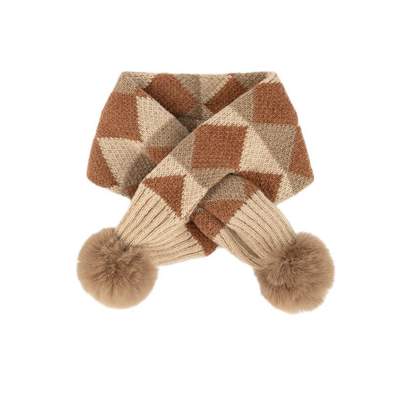 Plaid Retro Kidsren's Scarf Knitted Fur Ball Cross Scarf Autumn and Winter Warm and Cute Soft Windproof Scarf for Boys and Girls
