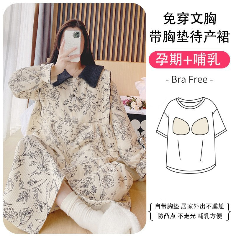 Lunar Clothing Spring and Autumn Air Cotton Thick Postpartum Breastfeeding dress Doll Collar Pregnant Women Pajamas for Outer Wear