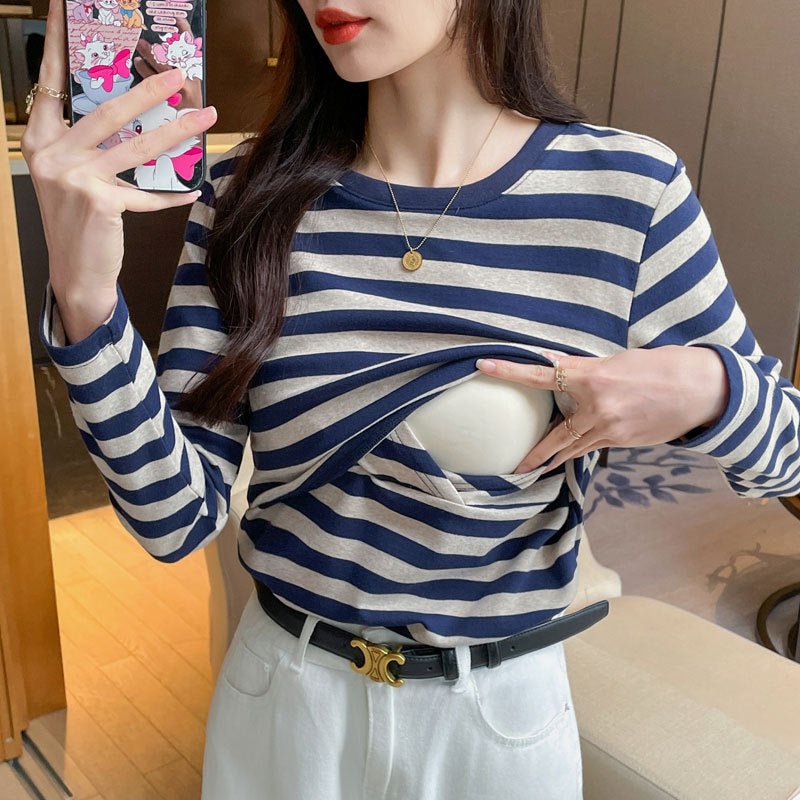 Real Shot All-match Breastfeeding Clothes Spring Pure Cotton Sanding Breastfeeding Striped T-shirt Postpartum All-match Slimming Breastfeeding Base Clothes
