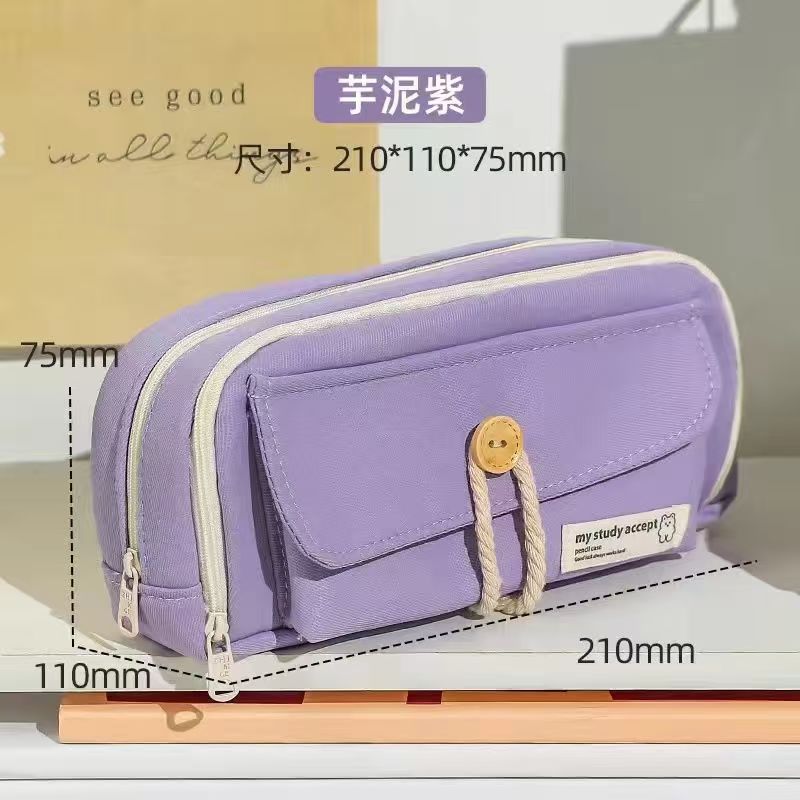 Button Pencil Bag with Good Looks for Girls, Large Capacity, Simple Ins Student Creative Canvas Stationery Bag, Pencil Stationery Box
