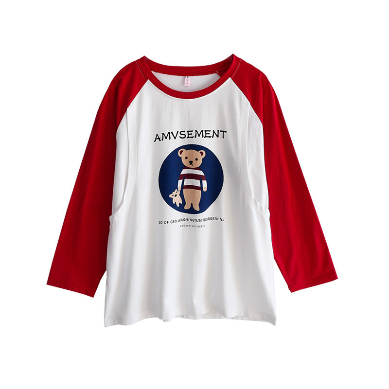 Breastfeeding Top T-Shirt Hot Mom Style Pure Cotton Outer Wear Spring and Autumn Pregnant Women's Long Sleeve Breastfeeding Moon Dress Women's Large Size