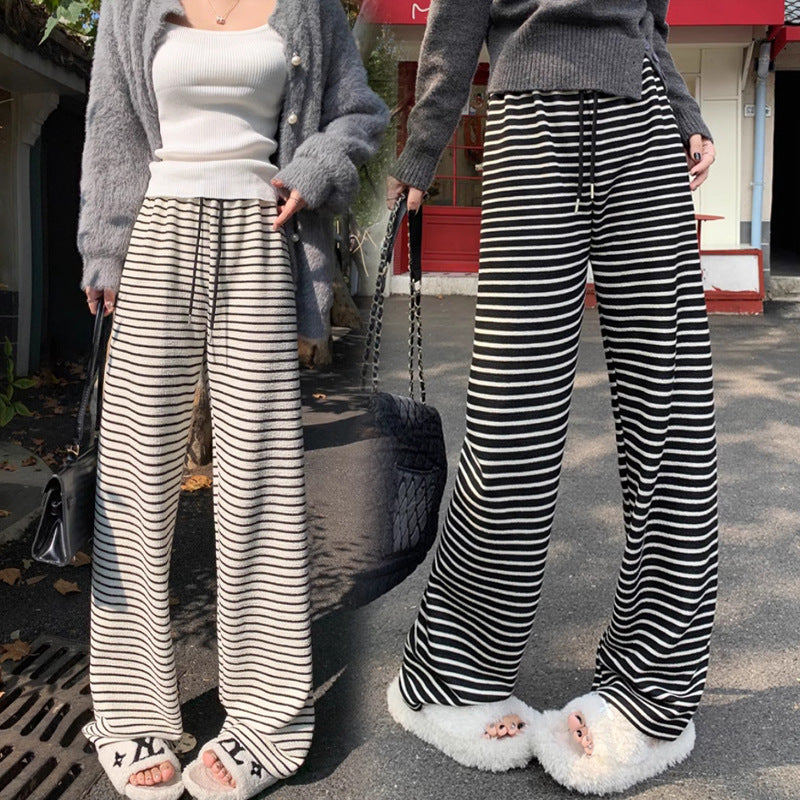 Maternity fleece-lined Black and White Striped Towel Velvet Wide Leg Pants Autumn and Winter New Loose Drawstring Sports Pants Casual Pants