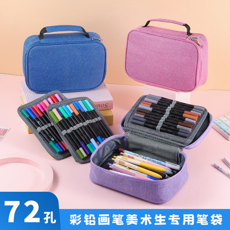 Cross-Border Satchel Large-Capacity 72-Hole Multi-Functional Student Art Student Color Lead Brush Pencil Stationery Storage Bag