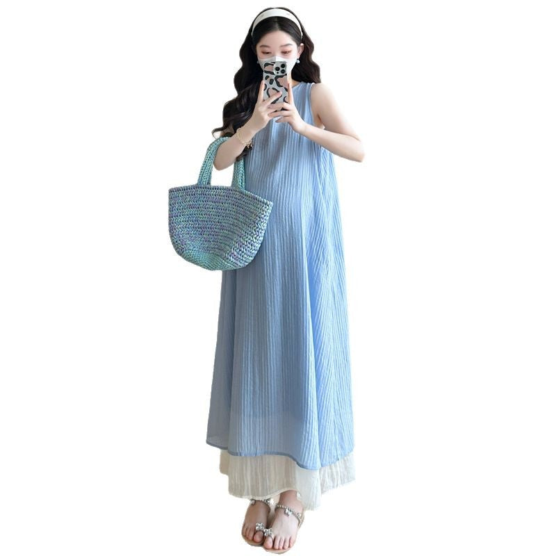 Internet Celebrity Maternity 2025 Summer New Pregnant Mother Design Feeling Dew Loose Stitching Sleeveless Long Pregnant Women dress