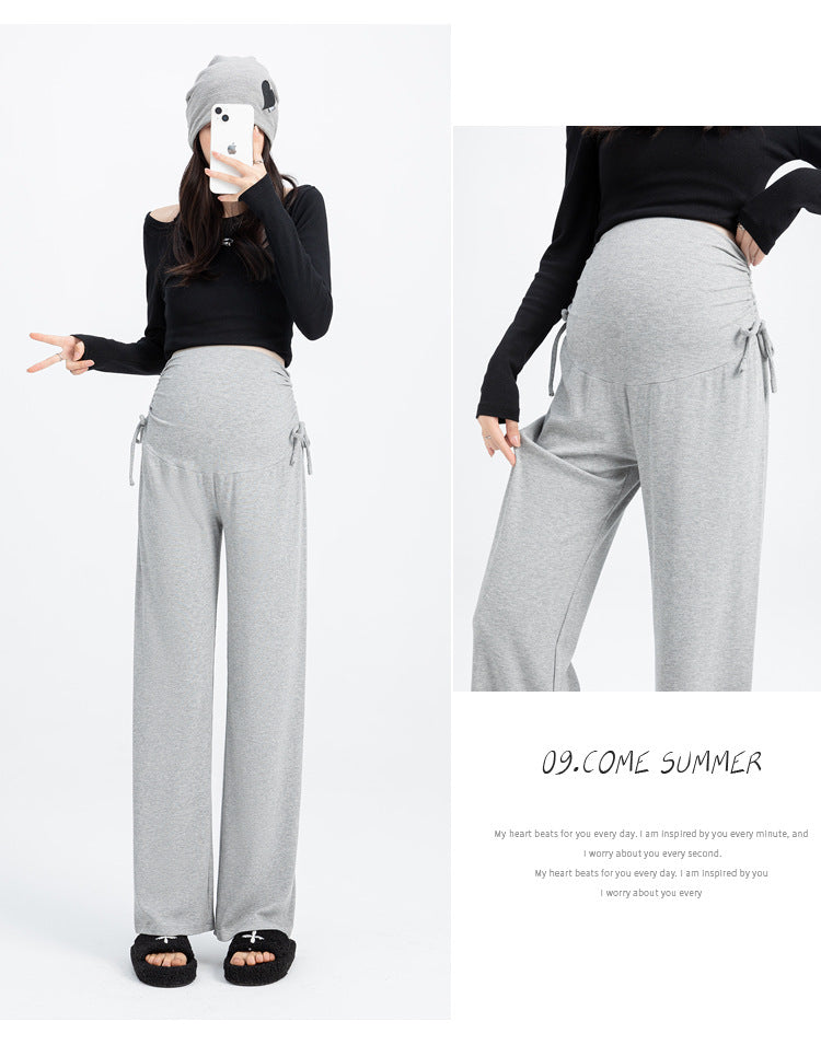 Pregnant women's pants 2024 new pregnant women's pants autumn and winter fleece-lined small pregnancy wide leg pants drawstring straight tube pants