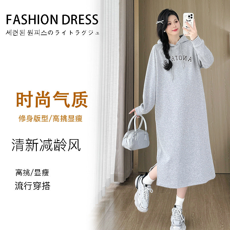 Pregnant Women's Loose Pregnant Women's Fashion Autumn and Winter Loose fleece-lined Thickened Sweat Mid-length dress Autumn and Winter Clothes