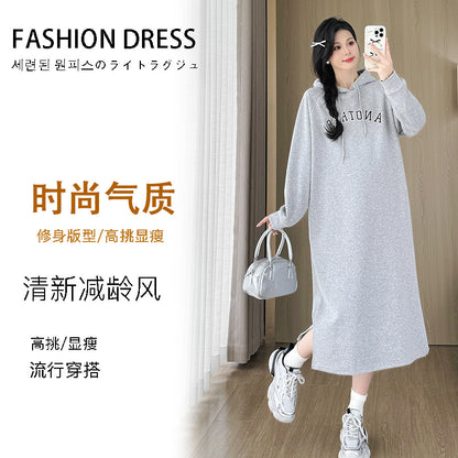 Pregnant Women's Loose Pregnant Women's Fashion Autumn and Winter Loose fleece-lined Thickened Sweat Mid-length dress Autumn and Winter Clothes