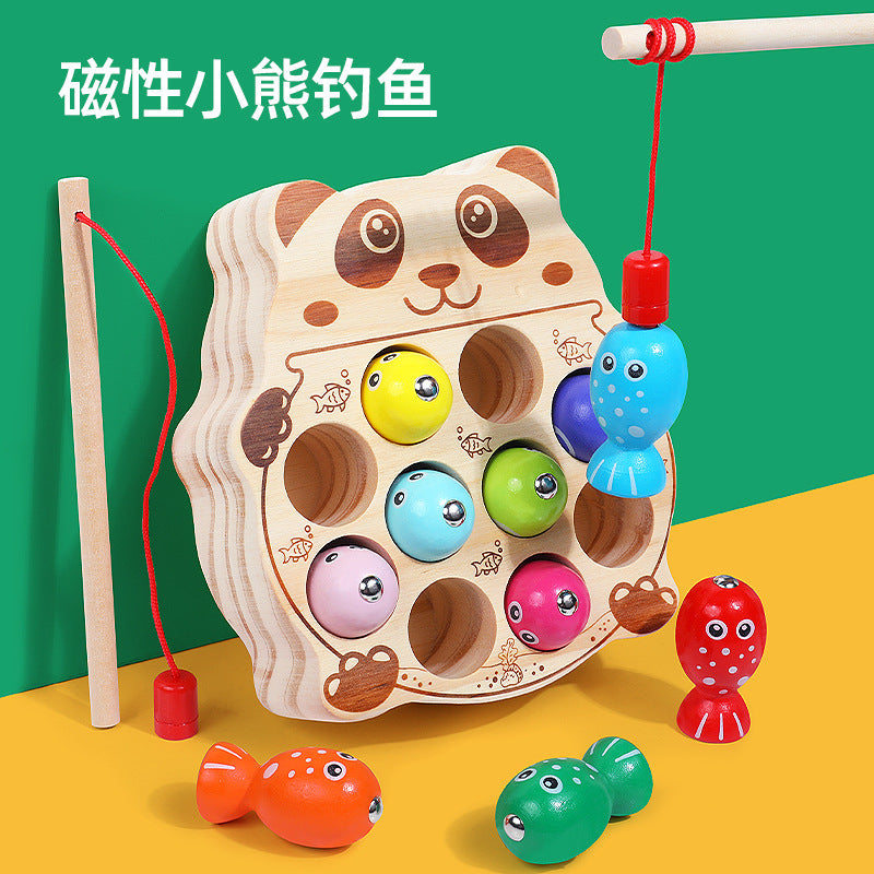 Wooden Ball Kidsren's Wooden Magnetic Kitten Fishing Game Pretend Play Magnetic Early Education Baby Toy Fishing Rod