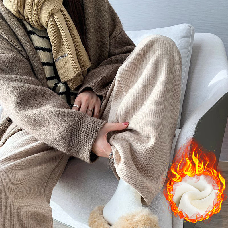Maternity clothes 2024 autumn and winter New Korean style fashionable cashmere stripe fleece-lined thickened belly support wide-leg pants for pregnant women