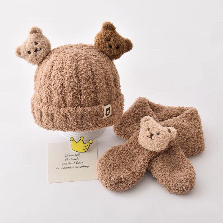 Autumn and winter children's plush bear hat scarf two-piece fleece-lined warm scarf cute plush hat baby