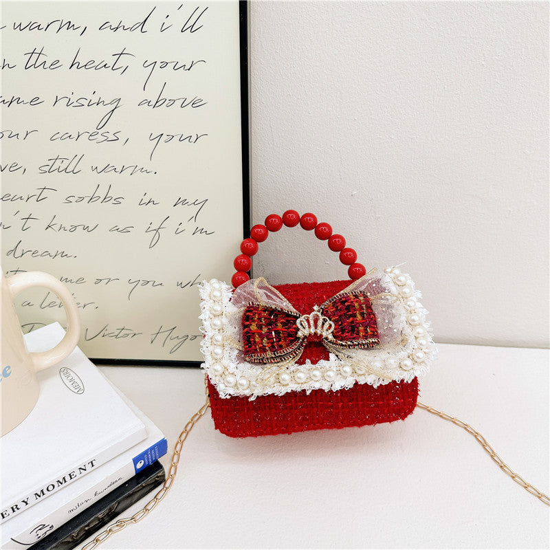 Children's New Year Red Envelope Korean Style Bow Pearl Small Square Bag Princess Shoulder Crossbody Mini Change Accessories Small Bag