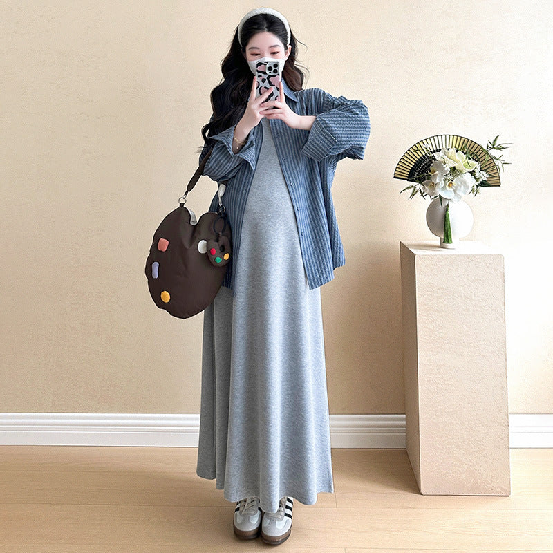Maternity Dress Summer Style 2025 New Early Autumn Lazy Style Suit Shirt Two-Piece Set Vest Long Skirt Spring and Autumn