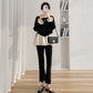 Real shot maternity clothes autumn new temperament fashion loose stitching velvet top belly pants two-piece set