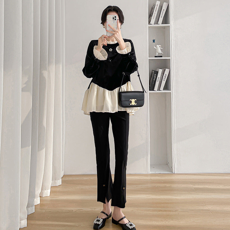 Real shot maternity clothes autumn new temperament fashion loose stitching velvet top belly pants two-piece set
