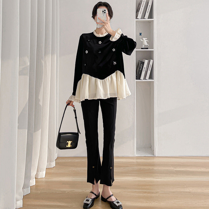 Real shot maternity clothes autumn new temperament fashion loose stitching velvet top belly pants two-piece set