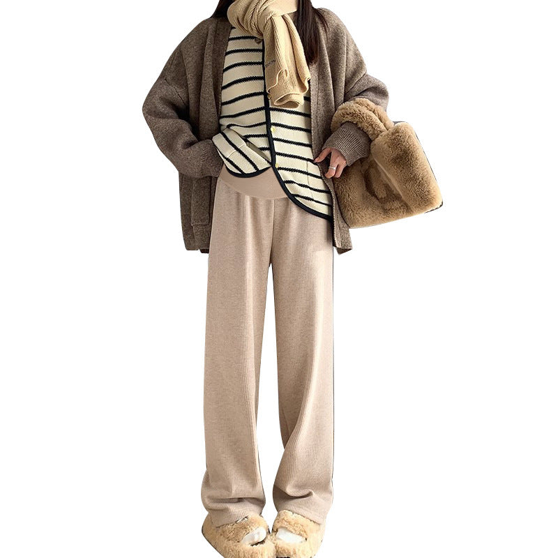 Maternity clothes 2024 autumn and winter New Korean style fashionable cashmere stripe fleece-lined thickened belly support wide-leg pants for pregnant women