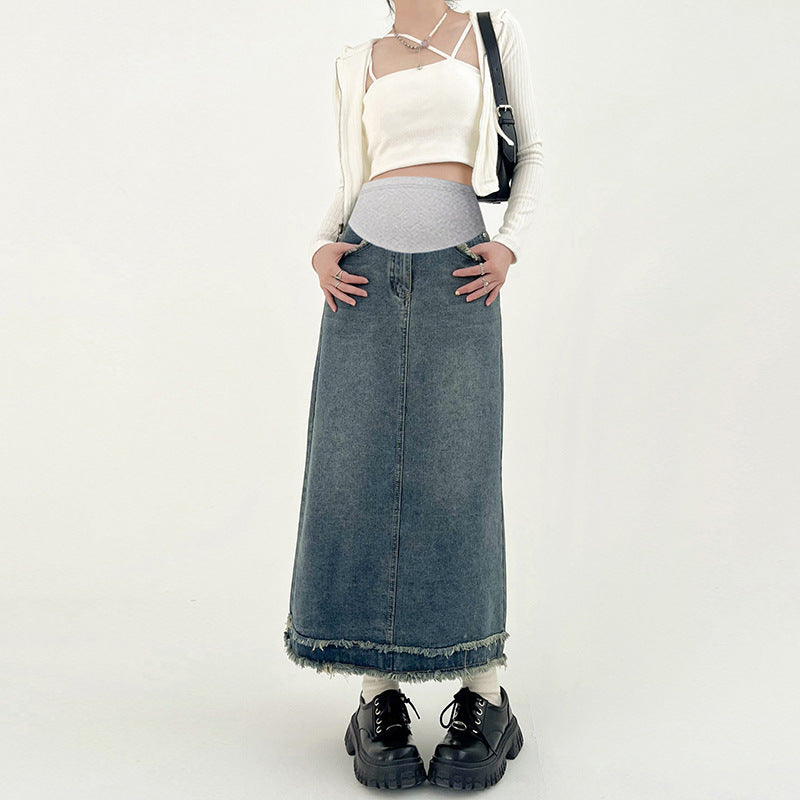 Pregnant women's frayed skirt Denim women's spring and summer high waist pear-shaped mid-length A- line skirt long skirt