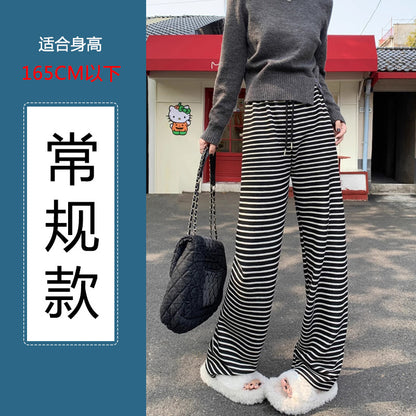 Maternity fleece-lined Black and White Striped Towel Velvet Wide Leg Pants Autumn and Winter New Loose Drawstring Sports Pants Casual Pants
