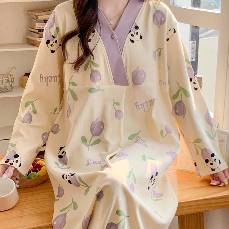 Chest Pad Moon Dress Spring and Autumn Cotton Postpartum Breastfeeding dress Summer Nightgown for Pregnant Women Nightgown During Pregnancy Feeding Nightgown