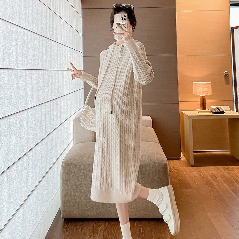 2023 Autumn/Winter New Maternity Versatile Dress Slimming Ribbed Sweater Dress Thick
