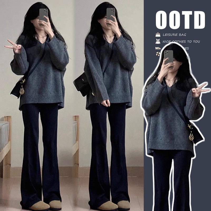 in stock pregnant women autumn and winter new suit fashion casual top + black knitted pants