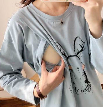 Pregnant Women's Postpartum Breastfeeding Jacket Outer Wear Moon Clothes Long Sleeve Thin T-Shirt Hot Mom's Spring and Autumn Clothes for Breastfeeding Period