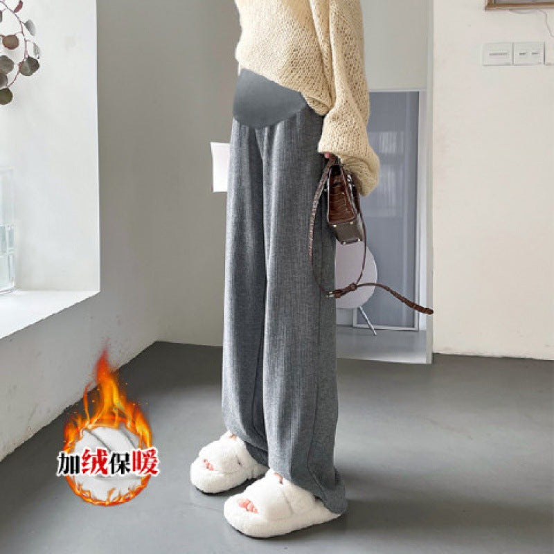 Pregnant women's cashmere striped new wide-leg pants chenille autumn and winter drape fleece-lined straight mop pants trousers