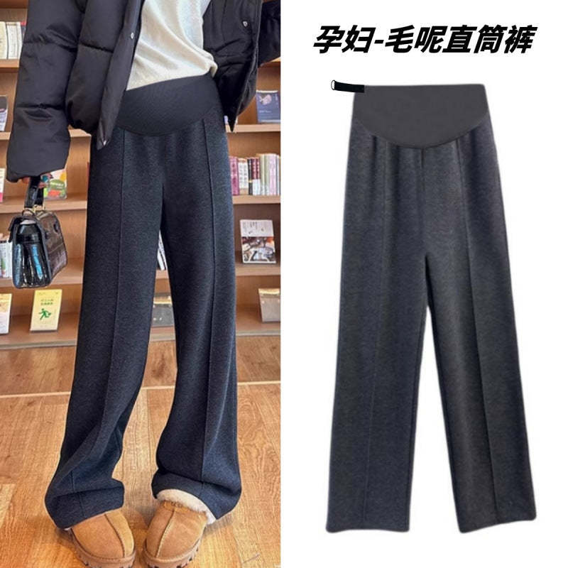Maternity Pants, Autumn and Winter Style, Woolen, Thickened, Wide-Leg Pants for Outer Wear, High-Waisted, Belly-Supporting, Plus-Size, Straight-Leg, Casual Long Pants with Fleece Lining