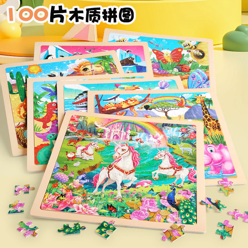 100 children's wooden cartoon animal dinosaur plane wooden puzzle boys and girls baby early education educational toys