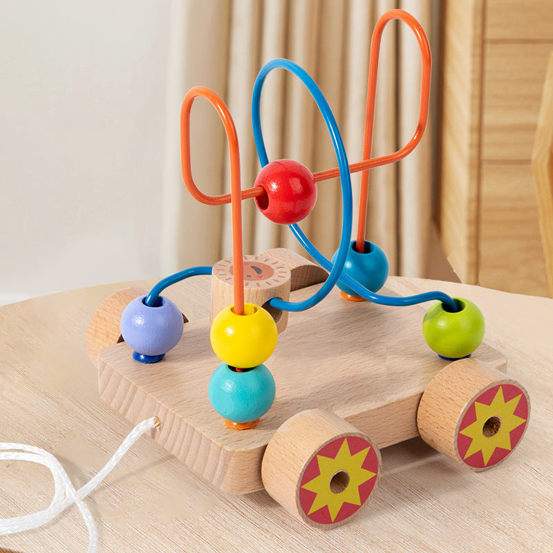 Children's Early Education Second-Line and Third-Line Bead Puzzle Beaded Hand-Eye Coordination Animal Maze Track Trailer Wooden Toy