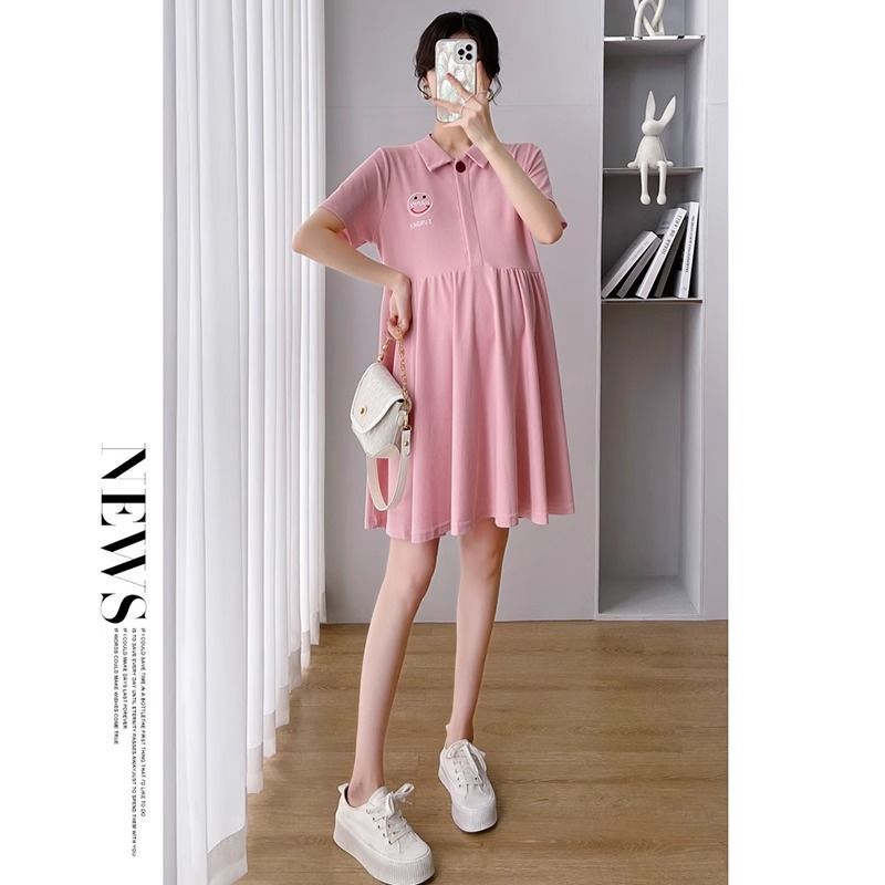 Pregnant Women's Dress Women's Summer Trendy Mom Thin Short-sleeved Top Pink Polo Collar Fashion Nursing Summer Dress