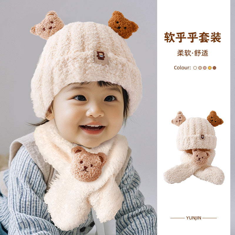 Autumn and winter children's plush bear hat scarf two-piece fleece-lined warm scarf cute plush hat baby