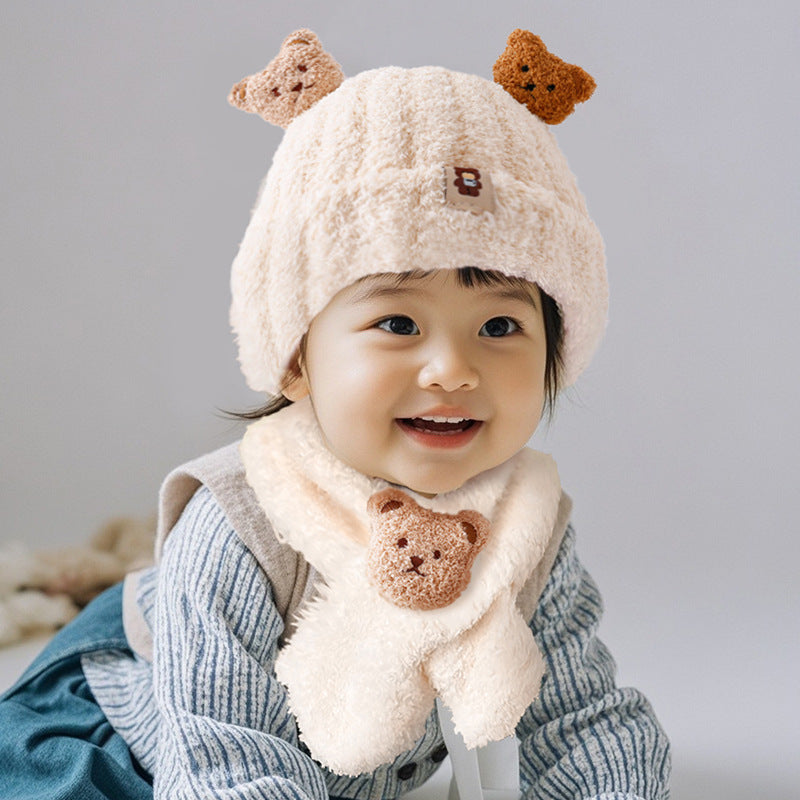 Autumn and winter children's plush bear hat scarf two-piece fleece-lined warm scarf cute plush hat baby