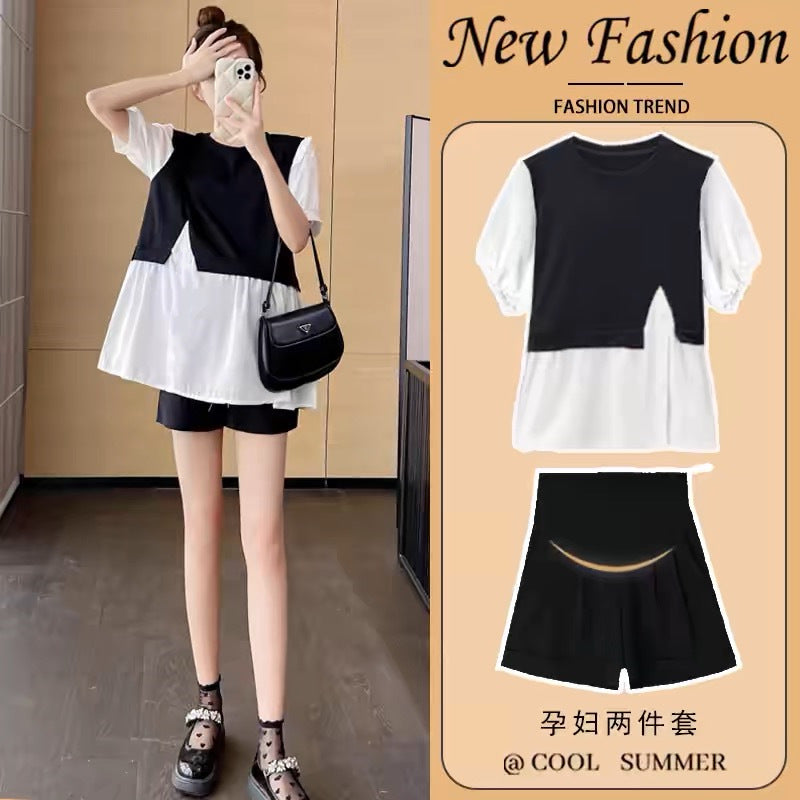 Summer Dress Pregnant Women Two-piece Suit Fashionable Elegant Slim Belly-covering Top Loose Shorts Pregnant Women Summer