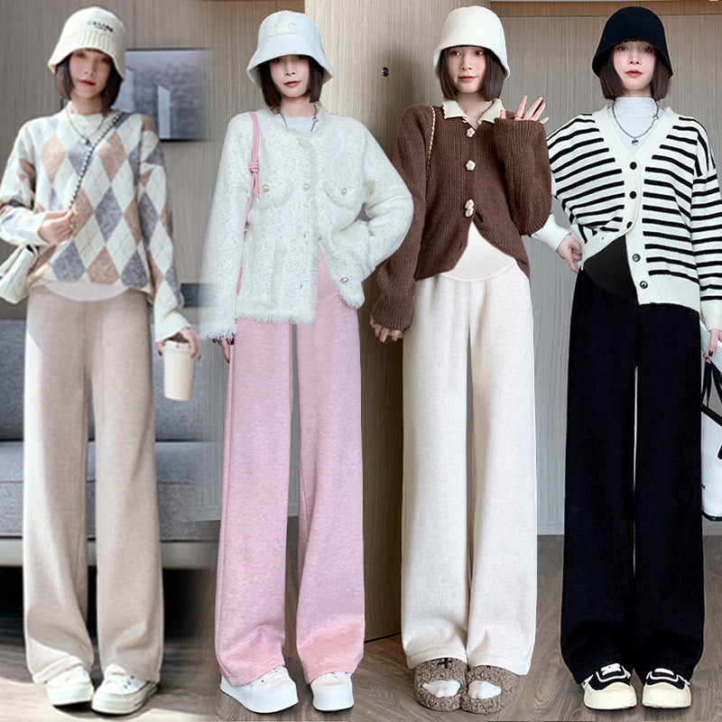 Pregnant women's cashmere striped new wide-leg pants chenille autumn and winter drape fleece-lined straight mop pants trousers