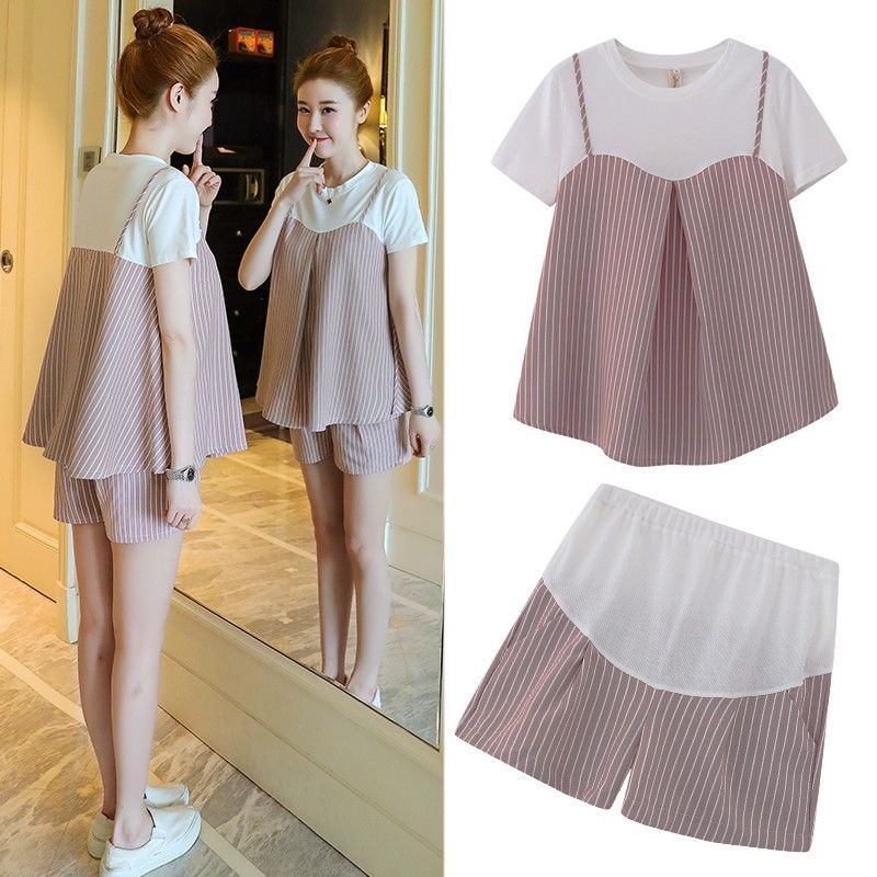 Pregnant women's clothing spring and summer striped two-piece suit 2022 new belly pants short sleeve loose pregnant women's T-shirt top tide