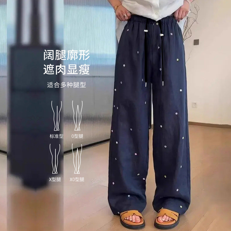 Maternity Pants with Floral Embroidery, Casual Linen Wide-Leg Pants, 2025 Summer New Loose Slimming Versatile Straight Maternity Pants