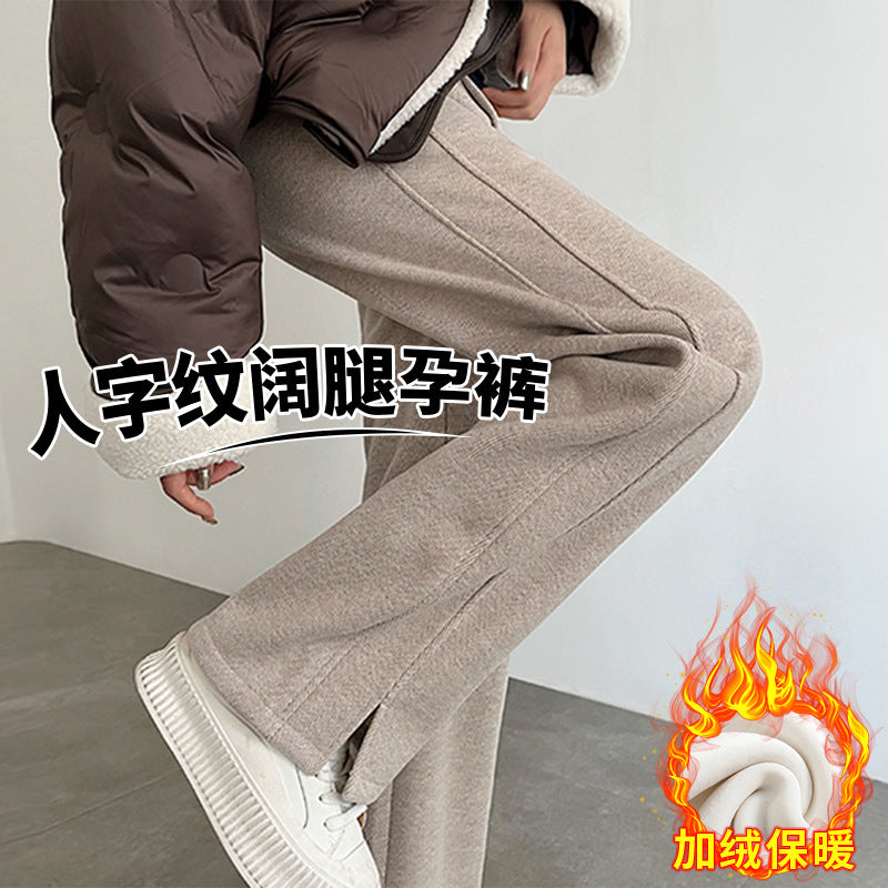 Pregnant Women's Trousers Herringbone Pattern Woolen Belly Narrow Wide-leg Pants Lazy Casual Glutinous Rice Pants Trousers Pregnant Women's Wear