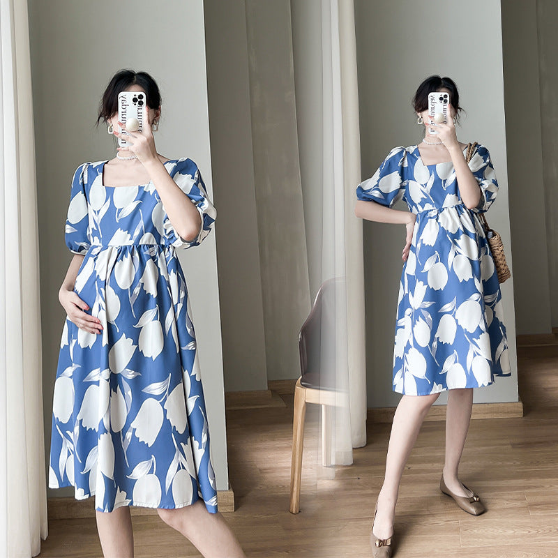 Pregnant Women's Summer Fashion Short Sleeve Square Collar Printed dress Loose plus size Skirt Summer Internet Popular Pregnant Women's Skirt Summer