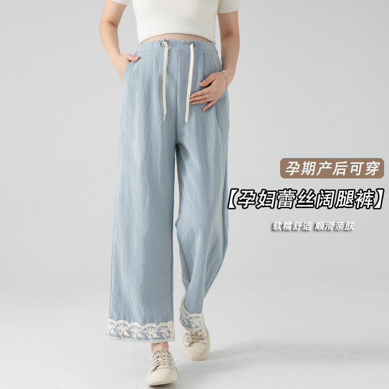 2025 Pregnant Women's Imitation Denim Tencel Lace Casual Dipper High-grade Nine-point Wide-leg Pants