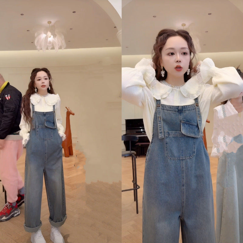 Fashion Maternity New Multi-Pocket Adjustable Pregnant Women's Denim Strappers Lace Doll Collar Shirt Set