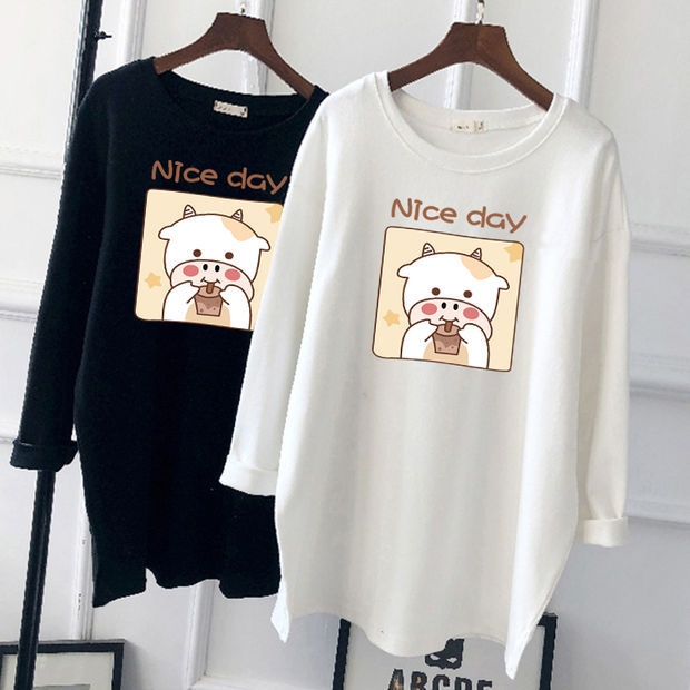 Pregnant Women's Autumn Cotton Top Mid-length Long-sleeved Loose Korean Fashion Trendy Mom's Pregnancy T-shirt Winter Base Shirt