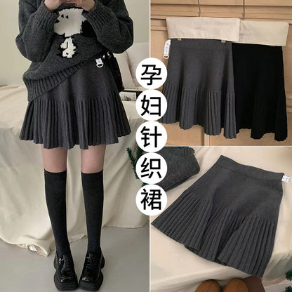 Pregnant Women's Autumn and Winter New Knitted Skirt Casual Slimming Pleated A- line Skirt Simple